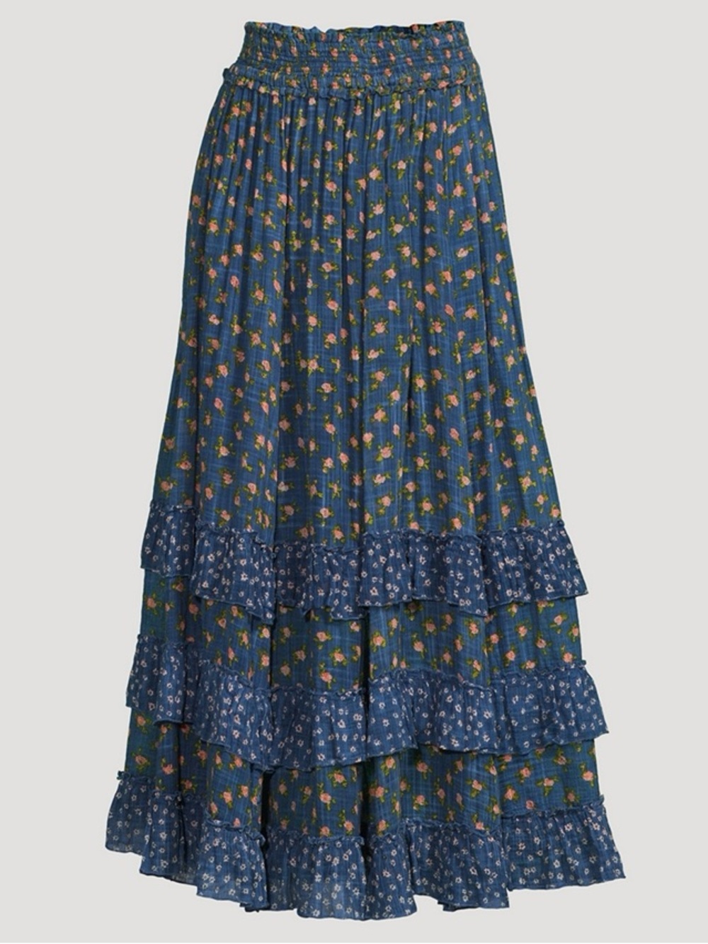 Free People Brynn Printed Maxi Skirt Chambray Combo XL Boho Floral Cottagecore - Picture 2 of 7